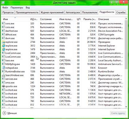 Диспетчер задач в Windows 8: вкладка Подробности