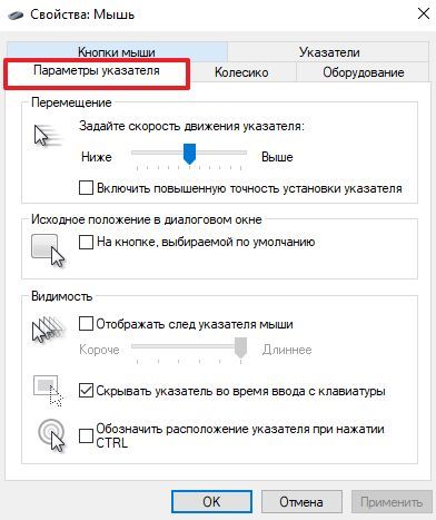 вкладка Параметры указателя вкладка Параметры указателя