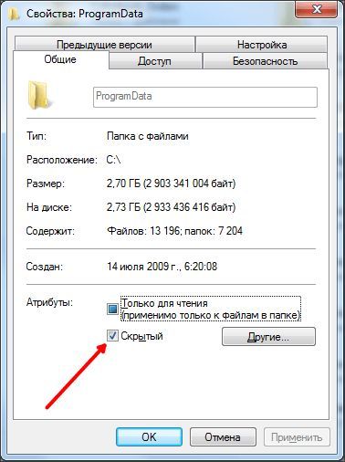 снимаем атрибут Скрытый снимаем атрибут Скрытый