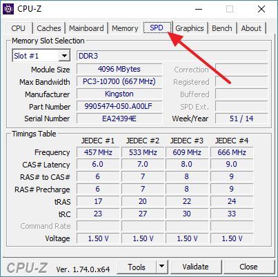 вкладка SPD в программе CPU-Z вкладка SPD в программе CPU-Z