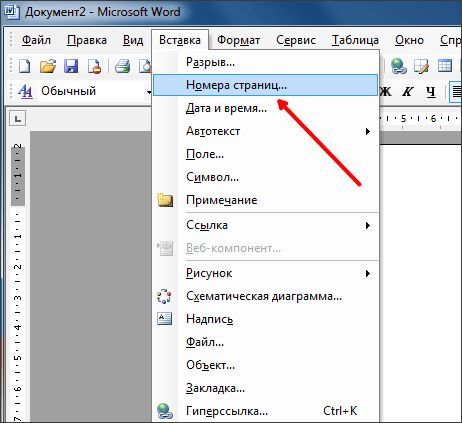 пункт Номера страниц в меню Вставка пункт Номера страниц в меню Вставка