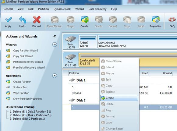 разбивка диска с помощью программы Partition Wizard