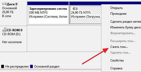 выберите пункт меню Сжать том выберите пункт меню Сжать том