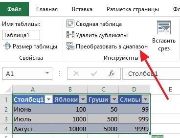 кнопка Преобразовать в диапазон