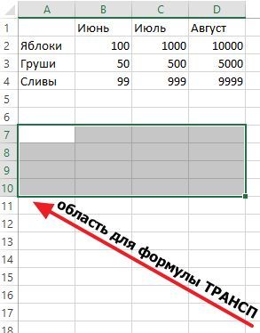 выделение области таблицы
