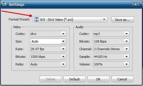 выбор Format Preset