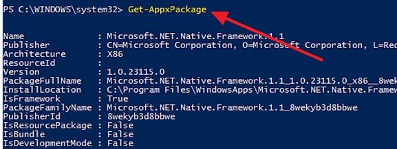 выполняем команду Get-AppxPackage
