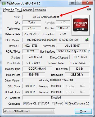 смотрим название видеокарты в окне GPU-Z смотрим название видеокарты в окне GPU-Z