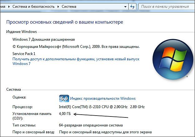 оперативная память в свойствах системы