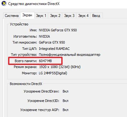 объем памяти в Средстве диагностики DirectX