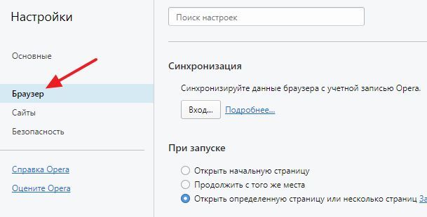 раздел настроек Браузер