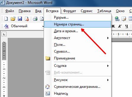 меню Вставка - Номер страницы меню Вставка - Номер страницы