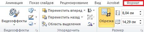 вкладка формат