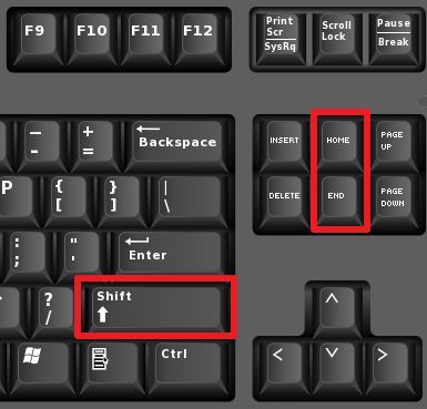 Выделение текста с помощью клавиш End и Home