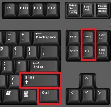 Выделение текста с помощью клавиш End и Home