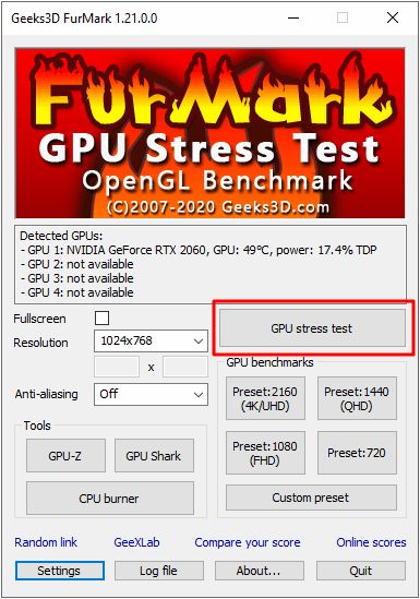 кнопка GPU Stress Test кнопка GPU Stress Test
