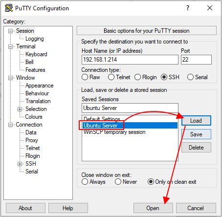 загрузка настроек в PuTTY загрузка настроек в PuTTY