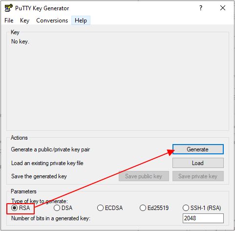 создание ключа в PuTTYgen создание ключа в PuTTYgen