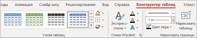 вкладка Конструктор таблиц