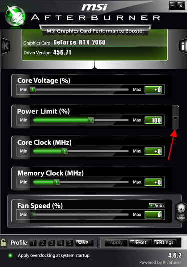 кнопка рядом с параметром Power Limit кнопка рядом с параметром Power Limit