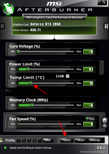 перемещаем ползунок Temp Limit перемещаем ползунок Temp Limit