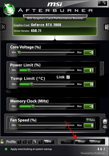 сбросить настройки видеокарты в MSI Afterburner сбросить настройки видеокарты в MSI Afterburner