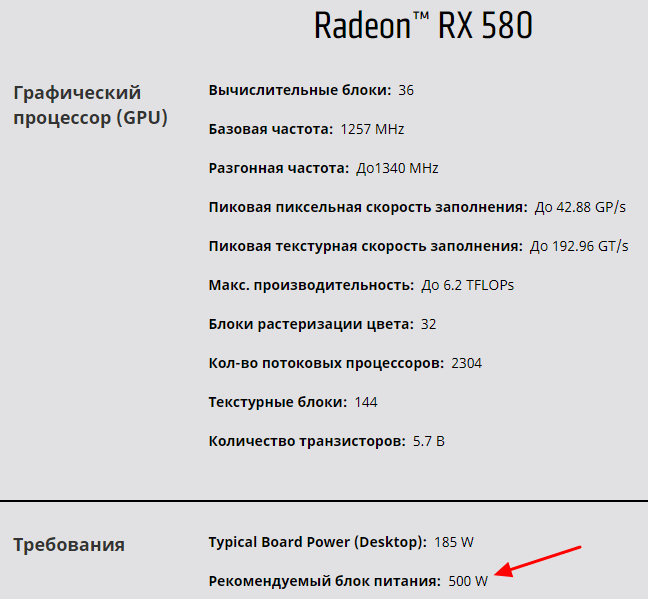 Блок питания для AMD Radeon RX 580 Блок питания для AMD Radeon RX 580