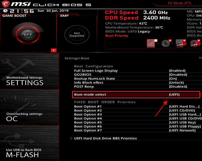 переключить параметр Boot Mode select в режим UEFI переключить параметр Boot Mode select в режим UEFI
