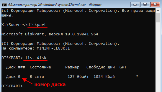 команды diskpart и list disk команды diskpart и list disk