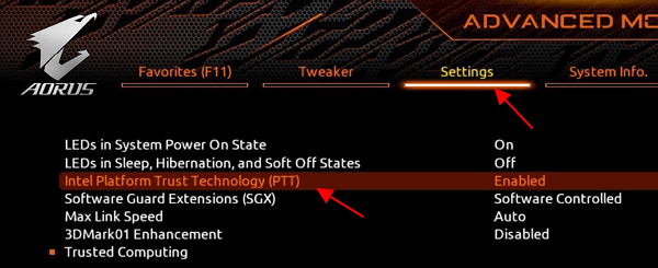 раздел Settings - Intel Platform Trust Technology (PTT) раздел Settings - Intel Platform Trust Technology (PTT)