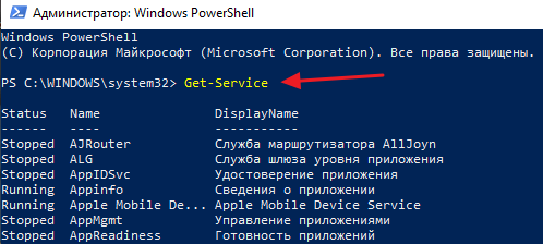 команда Get-Service команда Get-Service