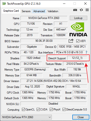 Версия DirectX в программе GPU-Z