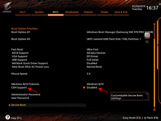 отключить функцию CSM Support отключить функцию CSM Support