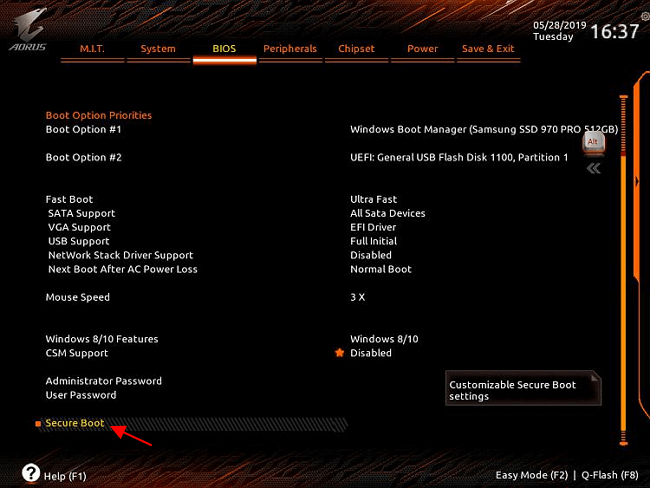 открыть раздел Secure Boot открыть раздел Secure Boot