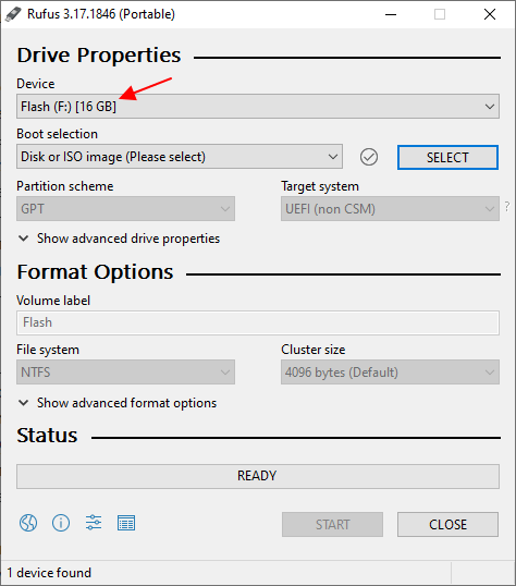Выберите флешку для Windows 11