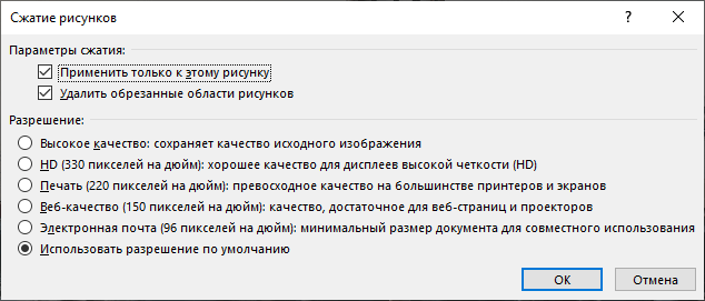 окно с настройками сжатия рисунков