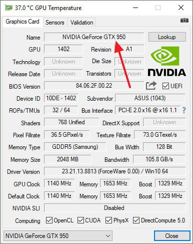 модель видеокарты в GPU-Z