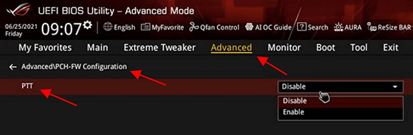 Advanced – PCH-FW Configuration – PTT Advanced – PCH-FW Configuration – PTT