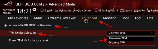 Advanced – AMD fTPM configuration – TPM Device Selection Advanced – AMD fTPM configuration – TPM Device Selection