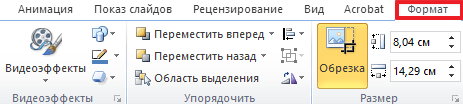 вкладка формат